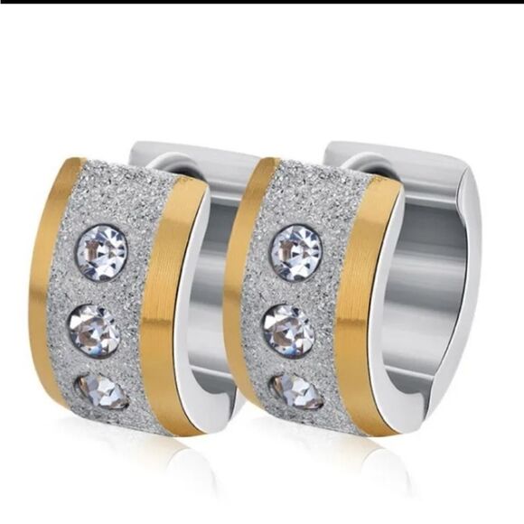 18K Gold and Silver Stainless Steel Frosted Diamond Studded Hoop/Huggie Earrings - Picture 1 of 3